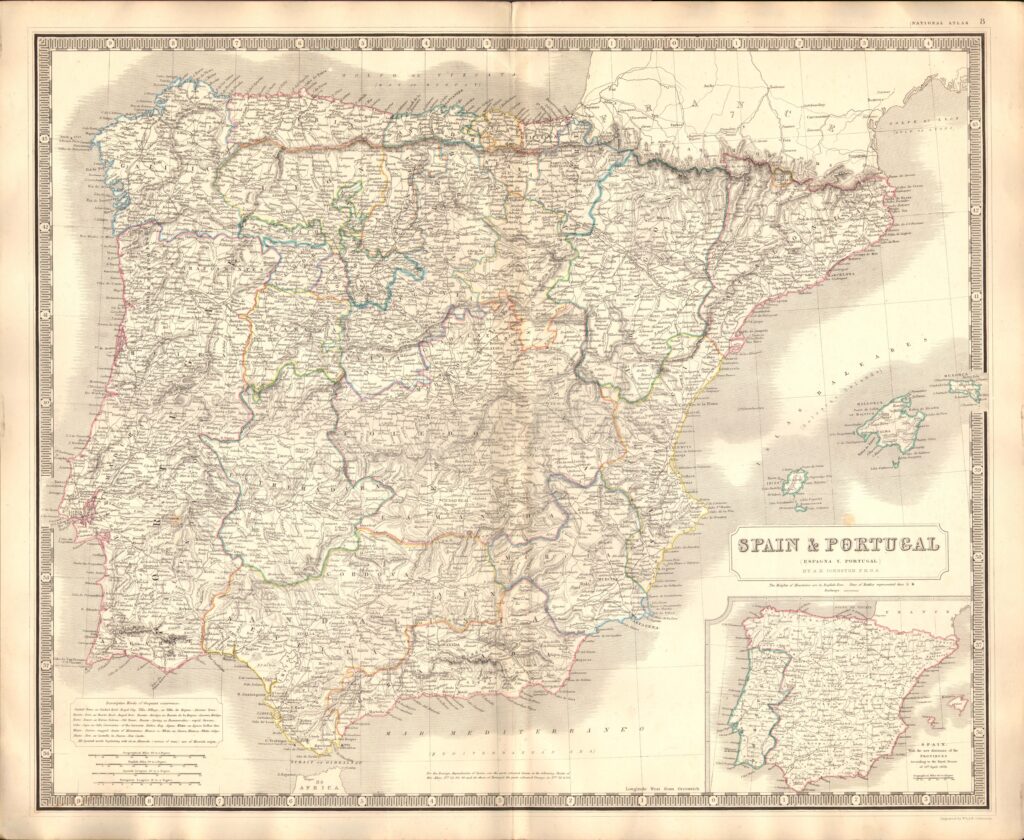 Mapa histórico de España y Portugal del National Atlas de Alexander Keith Johnston